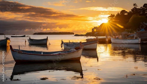 boats at sunset.the nostalgic charm of boats at rest during a peaceful sunset. Employ warm, earthy tones to convey a sense of tranquility, and focus on the subtle details of the boats against the back