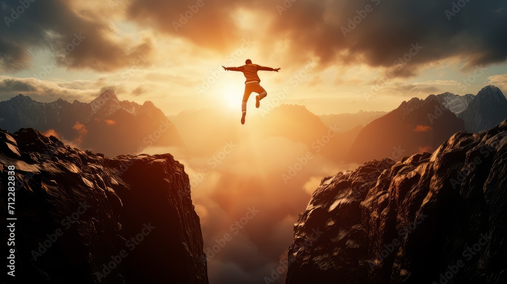 Man jumping over a precipice between two rocky mountains at sunset. Freedom, risk, challenge, success Man jumping over a precipice between two rocky mountains at sunset. Freedom, risk, challenge, success