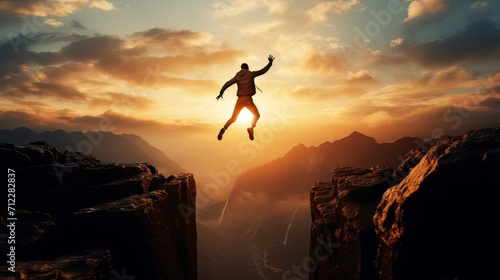 Man jumping over a precipice between two rocky mountains at sunset. Freedom, risk, challenge, success photo
