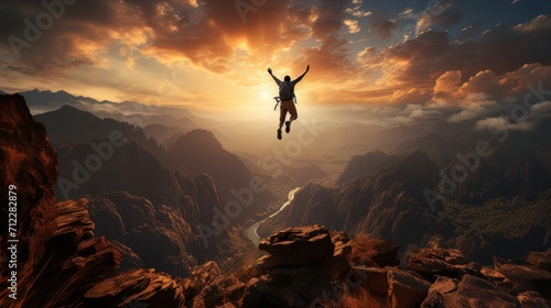 Man jumping over a precipice between two rocky mountains at sunset. Freedom, risk, challenge, success