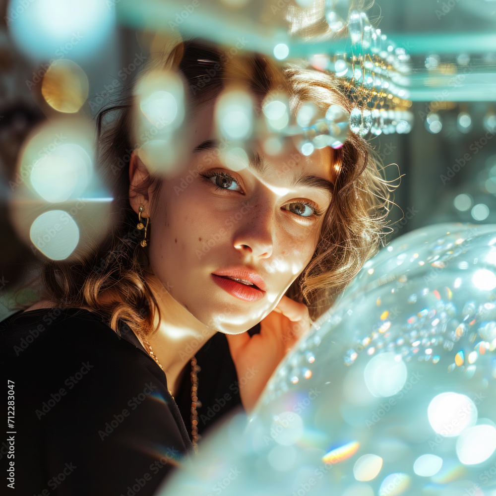 Realistic glamour fashion portrait of a young elegant caucasian white woman with bokeh, glare and  bubbles on foreground. 