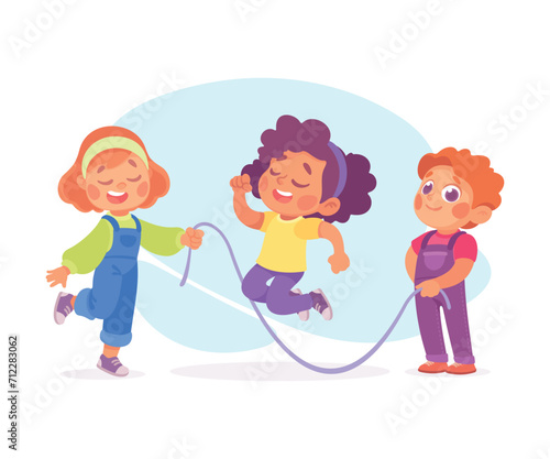 Happy Boy and Girl Playing Game Skipping Rope Having Fun Vector Illustration