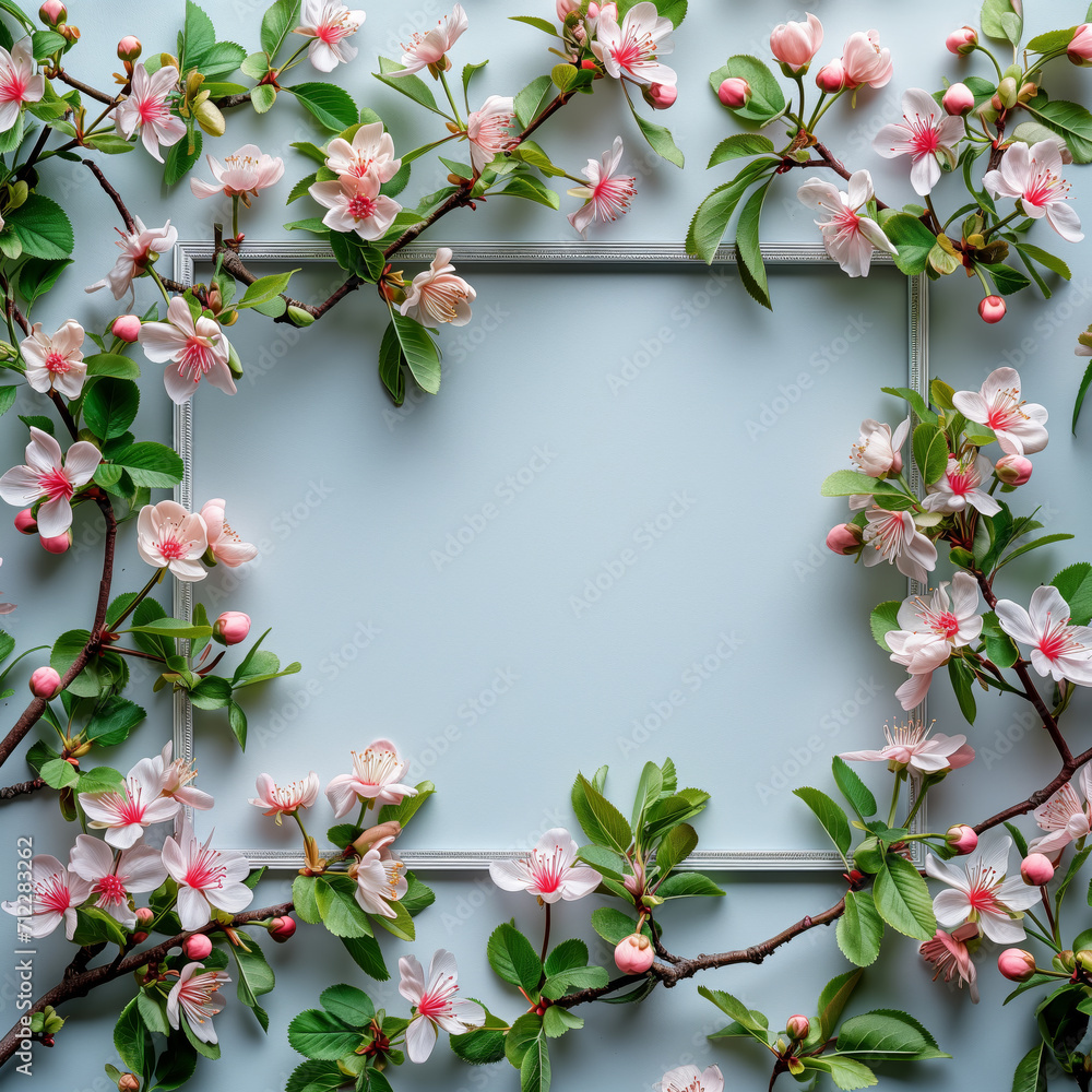Empty picture frame mockup in spring theme with pink tree blossoms