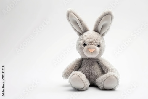 Plush bunny toy on white surface © LimeSky