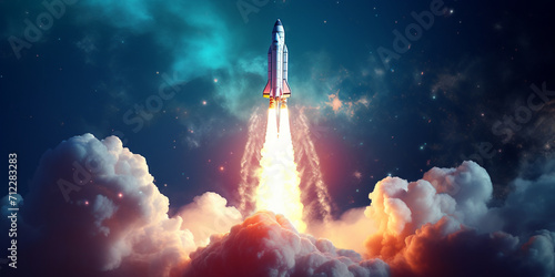 Rocket flying through space launch rocket into A rocket launching into space Concept illustration of a space shuttle launch against a blue sky. 