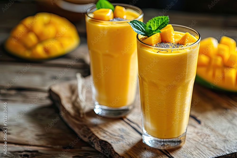 Fototapeta premium Revitalizing and nutritious mango smoothie served in tall glasses