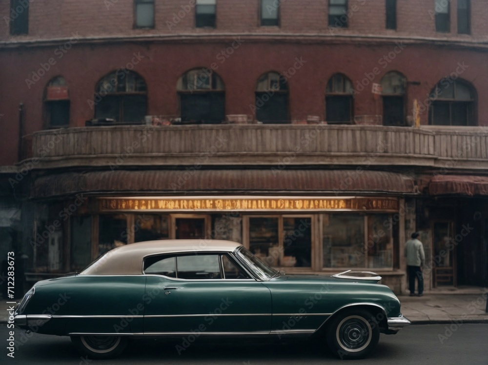Green Car Parked in Front of Building. Generative AI. Green Car Parked in Front of Building. Generative AI.