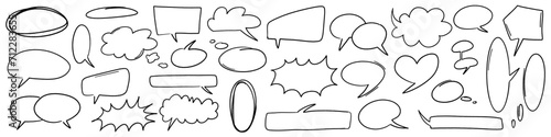 Handdrawn doodle grunge speech bubbles and dialogue emphasis. Charcoal pen line chat ballons. Round scrawl cloud frames. Vector illustration of freehand Fukidashi icons.