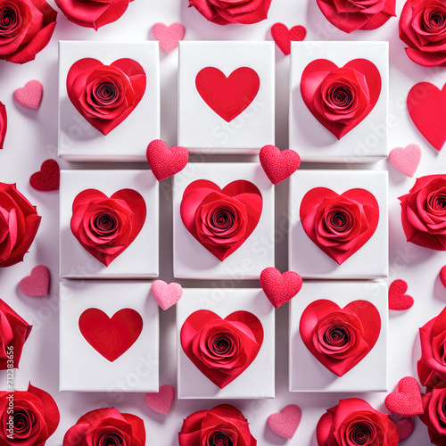 Red Roses and gift box on a white background .Celebration Greeting Card