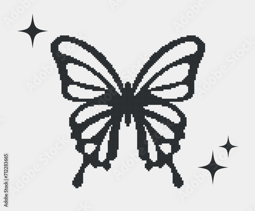 Pixel y2k black butterfly.futuristic retro butterfly silhouette isolated, y2k shapes, pixel logo objects