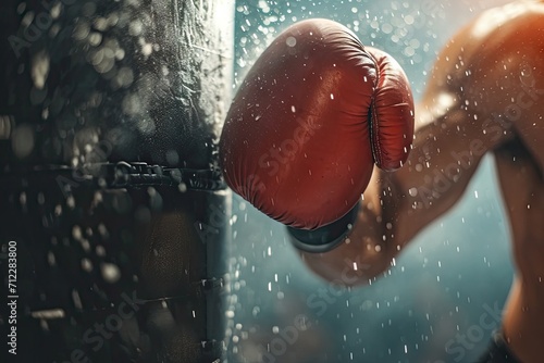 Strong man punches floor bag in boxing glove Close view photo