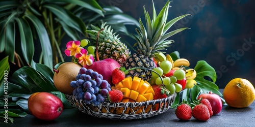 Une corbeille de fruits avec ananas, raisin, pêche, banane, pomme, mangue, fraise