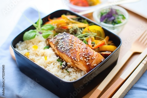 teriyaki baked salmon with rice in a bento box