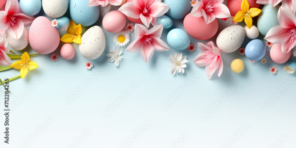Easter poster and banner template with beautiful Easter multi-colored eggs and flowers.Promotion and shopping template for Easter. Beautiful easter promotion banner.Top view, flat lay.Space for text Easter poster and banner template with beautiful Easter multi-colored eggs and flowers.Promotion and shopping template for Easter. Beautiful easter promotion banner.Top view, flat lay.Space for text