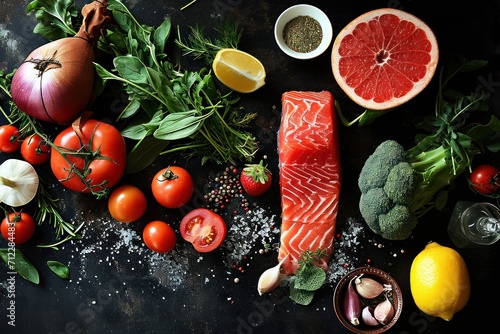 Assortiment d'aliments pour cuisiner, poisson et légumes frais sur un fond noir en ardoise photo