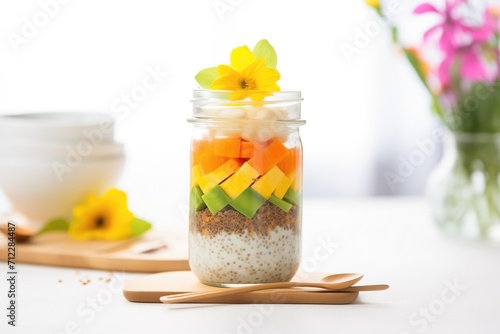 layered tropical chia pudding with papaya  pineapple chunks