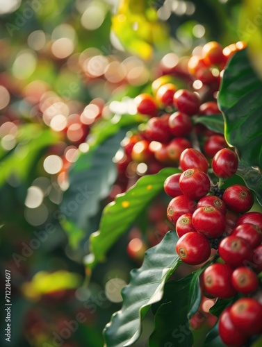 Close up fresh organic red raw and ripe coffee cherry beans on tree plantation