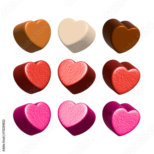 3d realistic heart shaped chocolates wrapped in foil candy wrapper on isolated white background. Festive design element for happy valentines day decoration. Render illustration png.