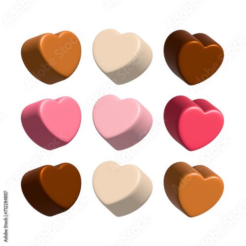 3d realistic heart shaped chocolates on isolated white background. Festive design element for happy valentines day. Render illustration png.