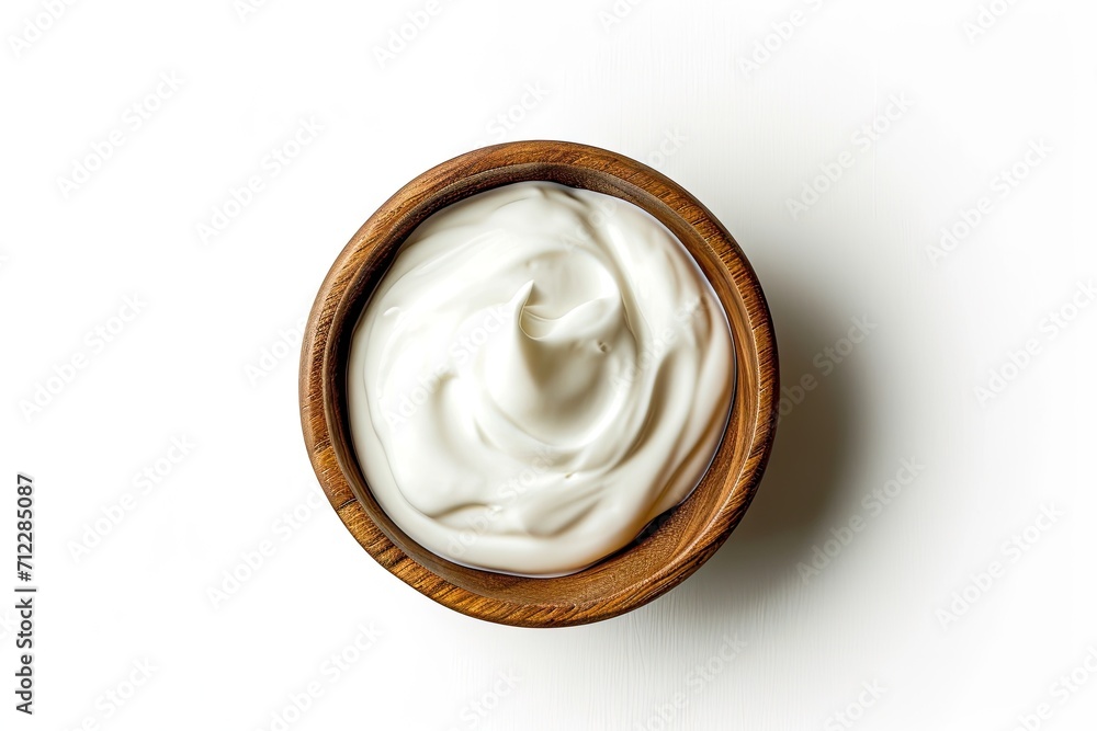 Isolated top view of a wooden bowl with sour cream or yogurt on white background Isolated top view of a wooden bowl with sour cream or yogurt on white background