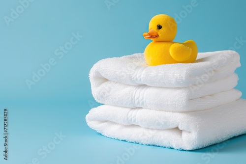 White towels and rubber duck placed on blue surface photo