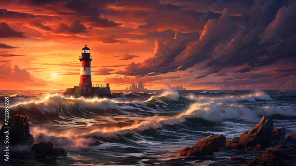 Lighthouse at sunset - obrazy, fototapety, plakaty 