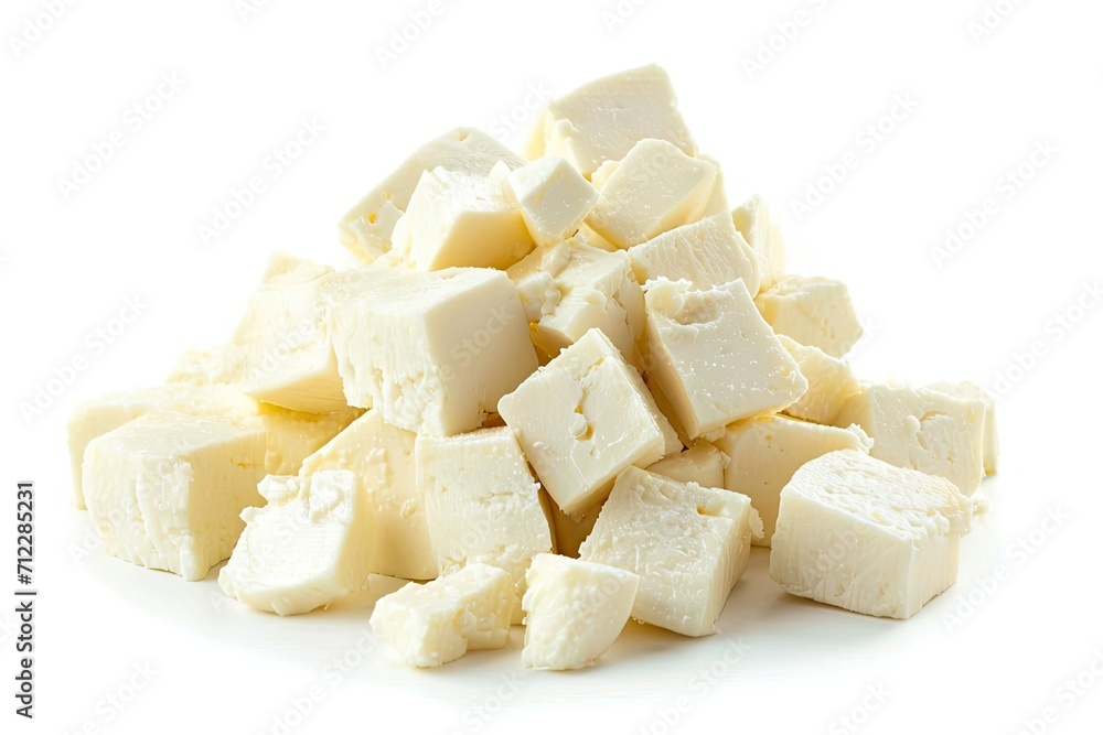 Cubed feta and curd cheese isolated on white background Cubed feta and curd cheese isolated on white background