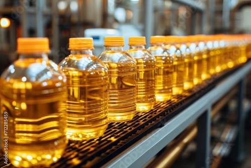 Bottling line of sunflower oil in bottles. Vegetable oil production plant. Industrial background