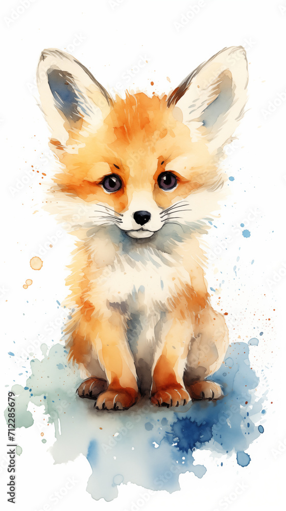Fototapeta premium A cute fox in a thick line hand-drawn style, plush feeling, vector file, watercolor, white background, rough, minimalism, front view