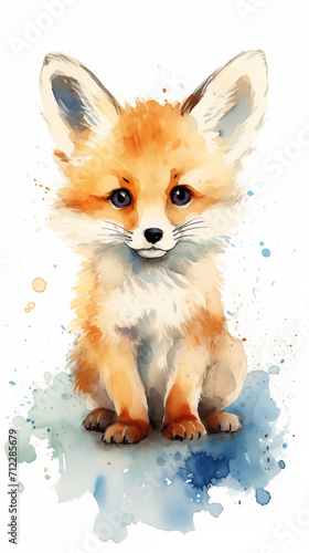 A cute fox in a thick line hand-drawn style, plush feeling, vector file, watercolor, white background, rough, minimalism, front view © alenagurenchuk