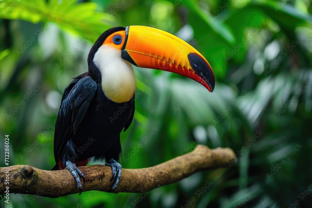 Toucan sitting on a branch in the rainforest. Generative AI Toucan sitting on a branch in the rainforest. Generative AI