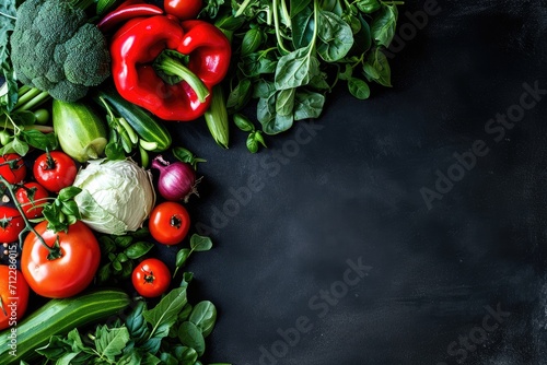 Top view portrait of assortment of fresh raw vegetables on black background with blank space.