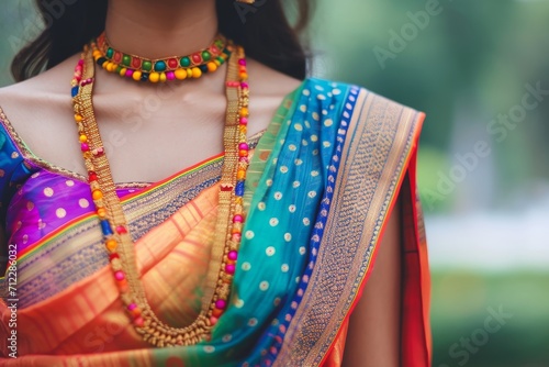 Indian woman wearing vibrant traditional saree.