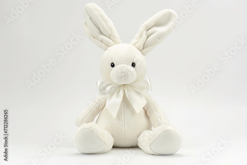 Isolated plush rabbit toy with bow on white background