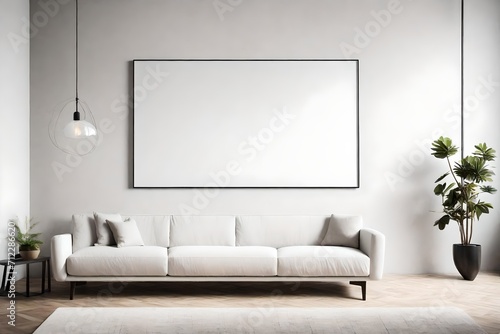 a scene featuring a white sofa positioned against a window, situated near a white wall adorned with a stone-textured poster. Capture the essence of minimalist interior design in a modern living room s © Noor