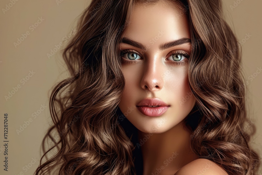 Fototapeta premium Beautiful woman with long healthy and shiny curly hair having a wavy hairstyle displaying care and beauty
