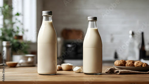 Mockup of a two  white milk bottle on kithen background  Empty reusable bottle template  Generative AI