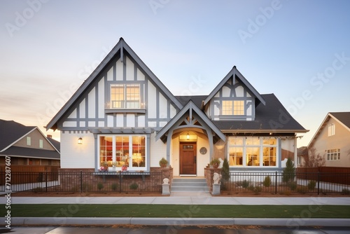 tudor home with front gable at golden hour