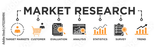 Market research banner web icon vector illustration concept with icon of target markets  customer  evaluation  analysis  statistics  survey and trend