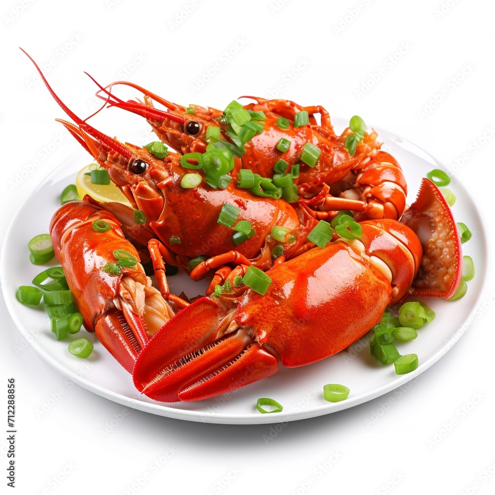 Tasty Lobster with Ginger and Green Onions isolated on white background Tasty Lobster with Ginger and Green Onions isolated on white background