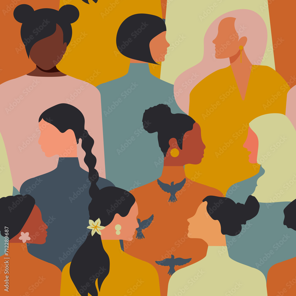 Women together in the fight for equality form a seamless pattern consisting of people of different nationalities. Women together in the fight for equality form a seamless pattern consisting of people of different nationalities.