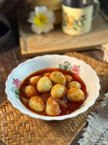sambal goreng udang telur puyuh or spicy quail egg is traditional dishes in indonesia