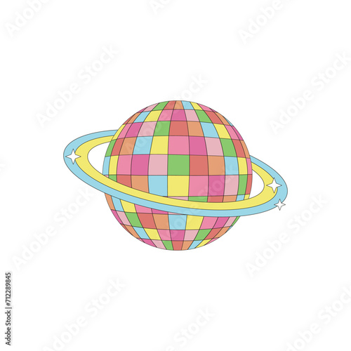 Groovy planet Saturn shape disco ball vector illustration isolated on white. Retro 60s 70s 80s space galaxy universe celestial print .