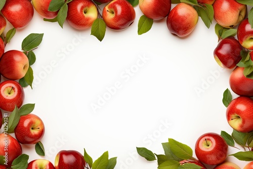A frame of ripe apples and green leaves on a white background. A fruit frame. Blank, template.