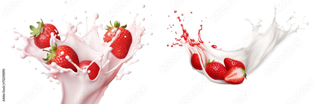 Obraz premium Set of milk or yogurt splash with strawberries isolated on a transparent background