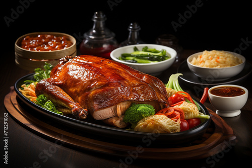 Peking duck pieces, pita bread, vegetables. Generative AI.