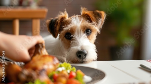Photos of a hungry dog and food in the kitchen at home. Jack Russell sniffs the chicken before pulling it off the table
