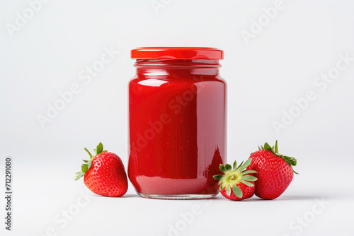 Homemade strawberry jam in a glass jar, surrounded by fresh berries on a white table