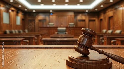 photograph of a judge's gavel prominently placed on a wooden stand in the foreground of a traditional courtroom. The background shows the judge's bench, witness stand, and jury box photo
