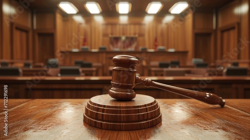 photograph of a judge's gavel prominently placed on a wooden stand in the foreground of a traditional courtroom. The background shows the judge's bench, witness stand, and jury box © WARAPHON